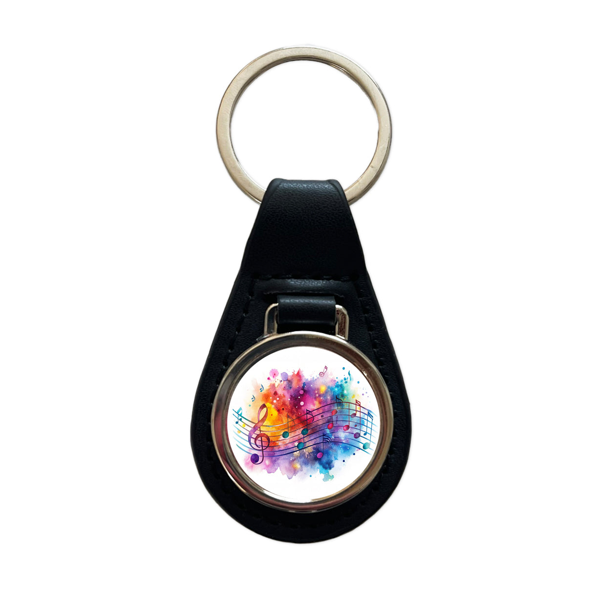 Rock And Roll Music Notes Watercolor Black Leather Metal Keychain