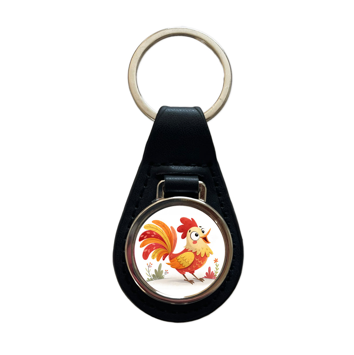 Rooster Children's Illustration Style Black Leather Metal Keychain