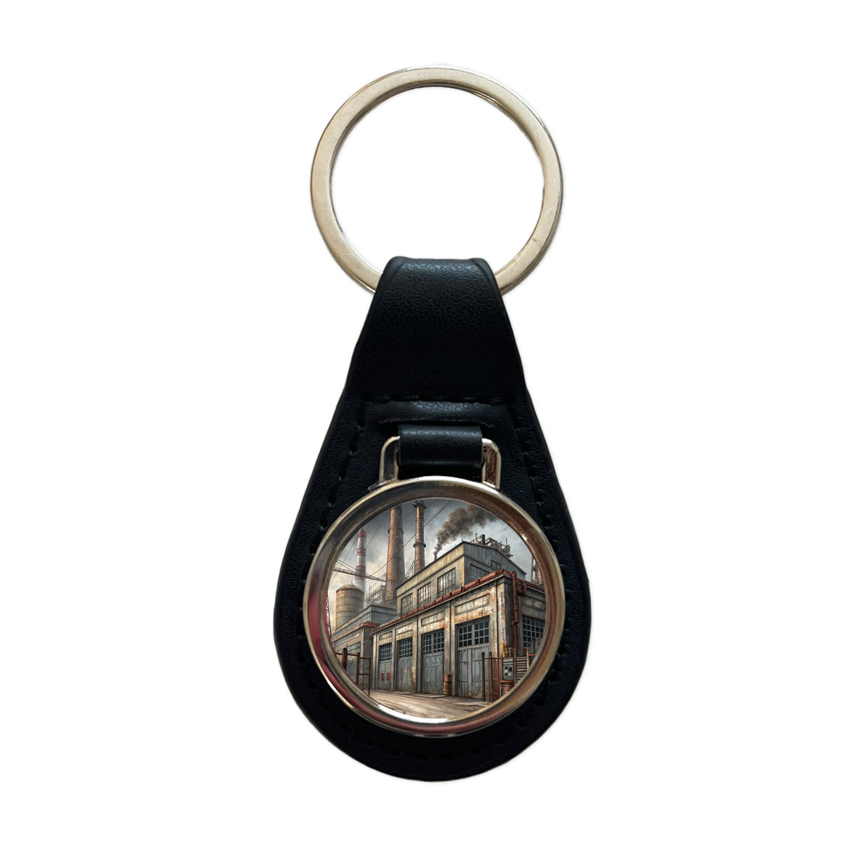 Rundown Old Industrial Factory Black Leather Metal Keychain
