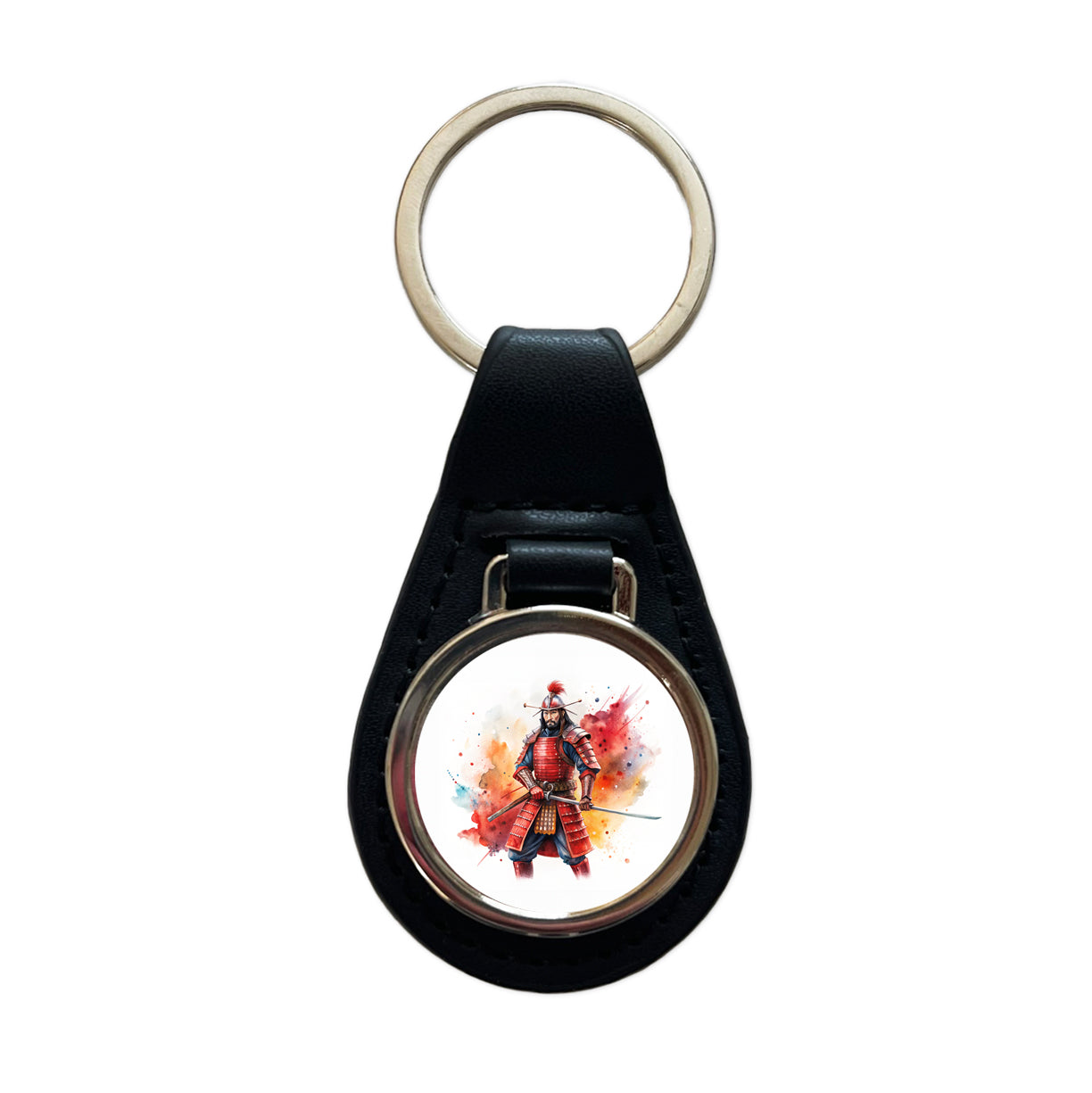 Samurai With Katana And Red Armor Watercolor Black Leather Metal Keychain