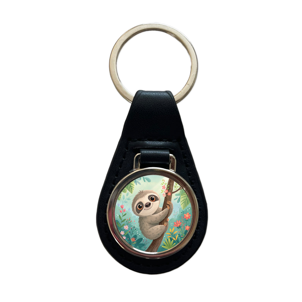 Sloth Children's Illustration Style Black Leather Metal Keychain