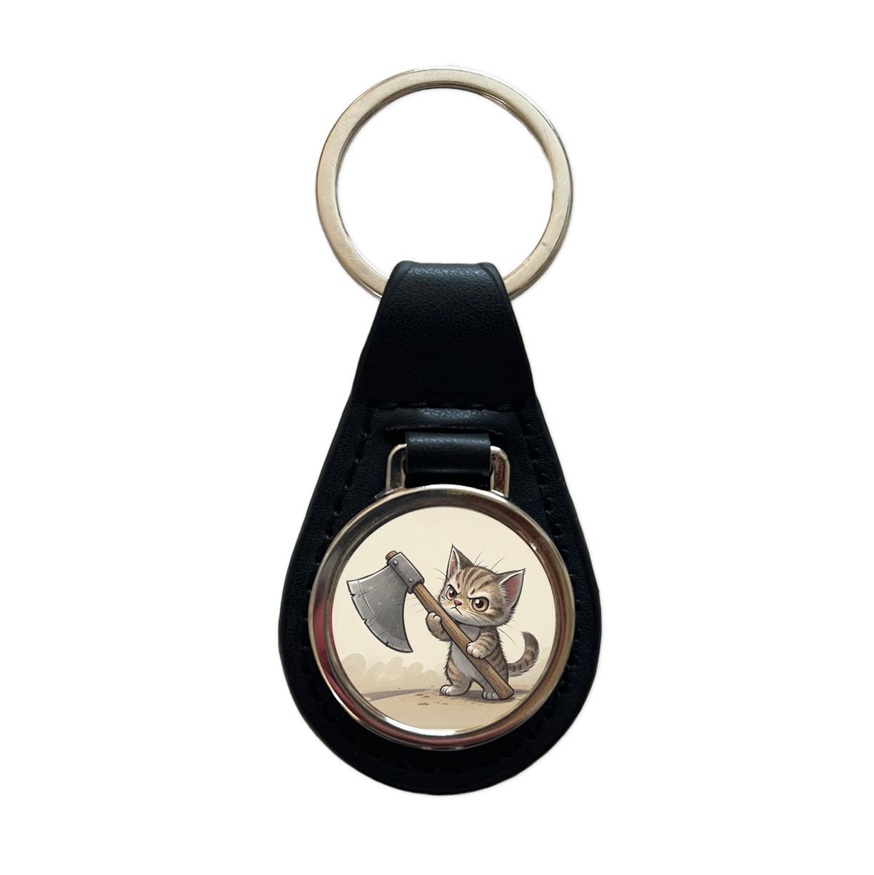 Small Cat Kitten Wielding a Large Axe Funny Fantasy Black Leather Metal Keychain
