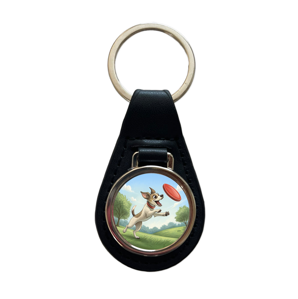 Small Dog Catching a Flying Disc Black Leather Metal Keychain