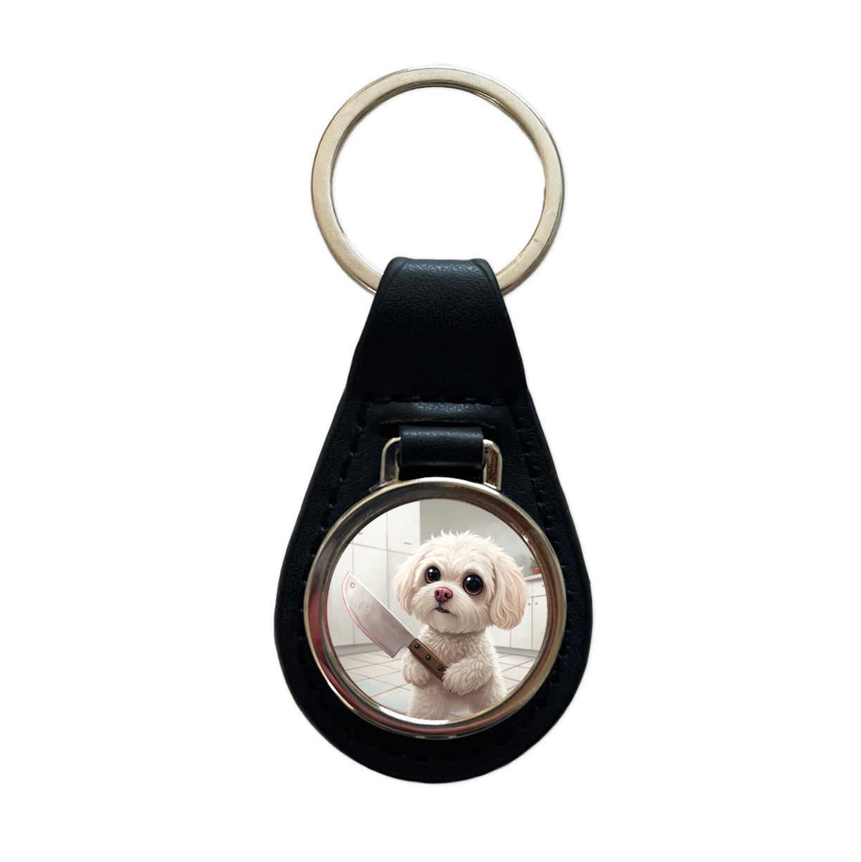 Small Fluffy Dog with a Butcher Knife Funny Scary Halloween Black Leather Metal Keychain