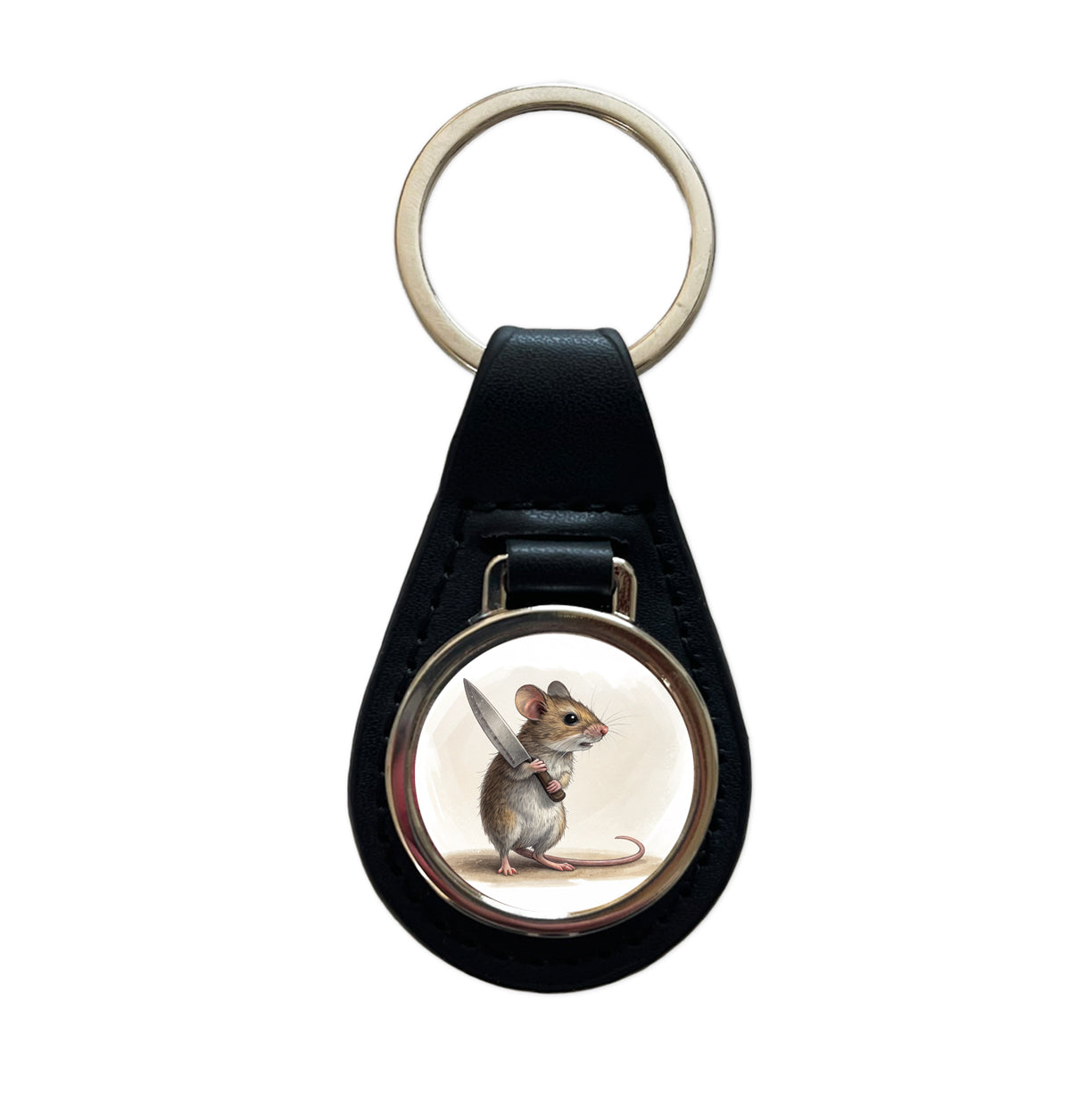 Small Mouse Holding A Butcher Knife Funny Scary Halloween Black Leather Metal Keychain