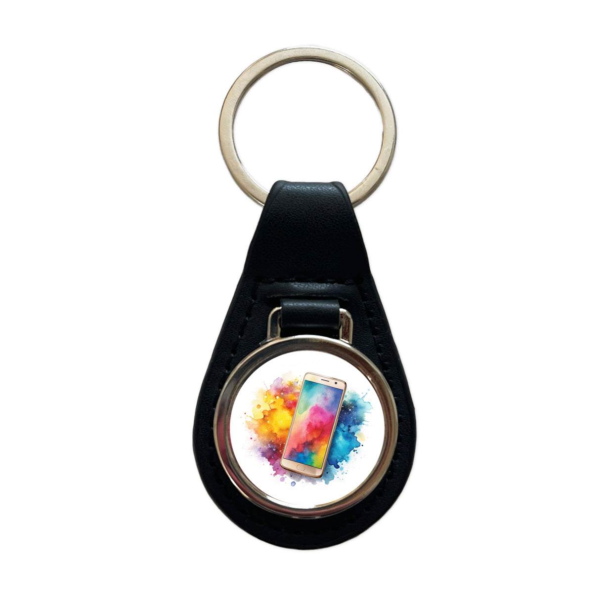 Smart Phone Watercolor Black Leather Metal Keychain