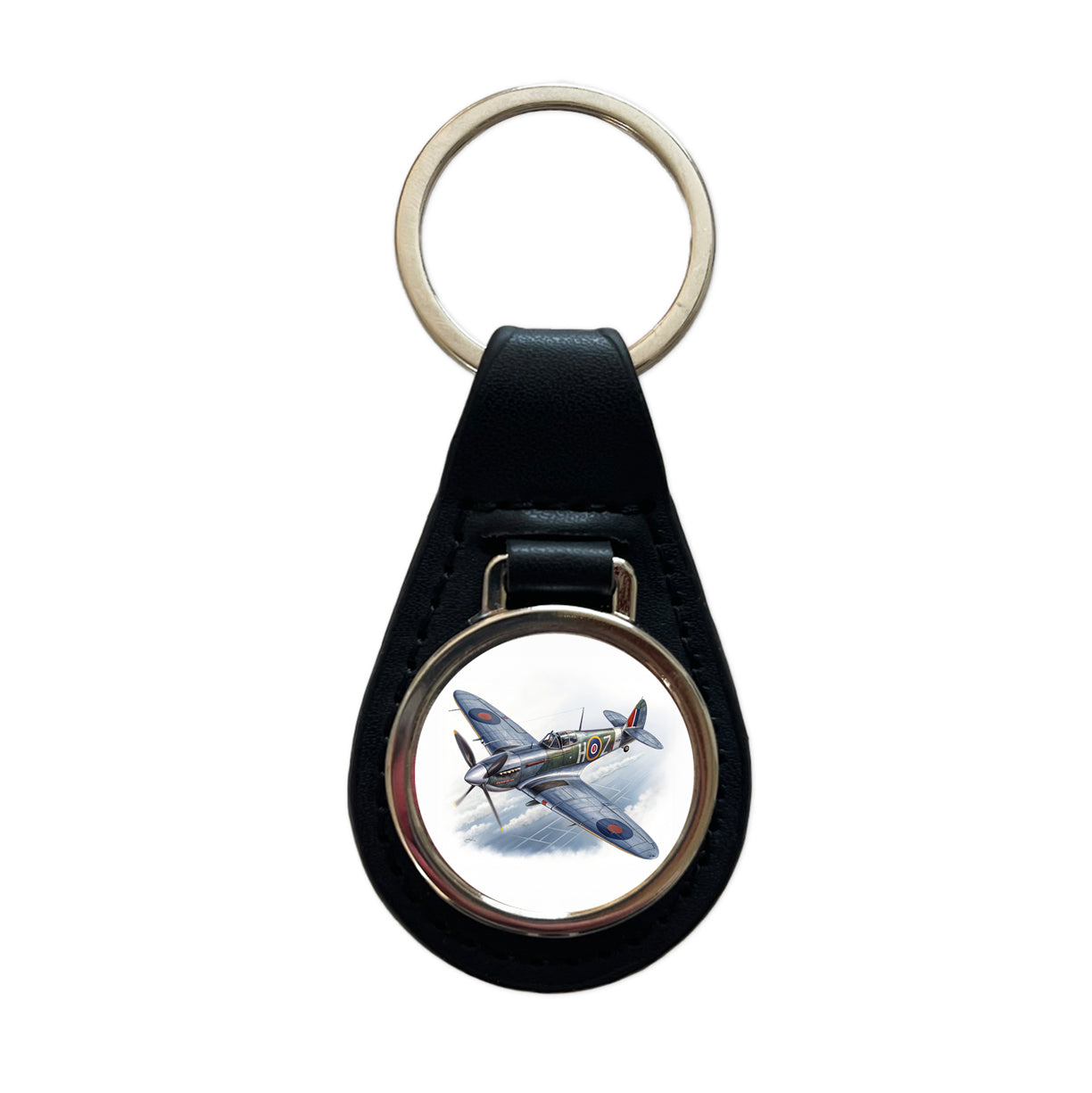 Spitfire WWII British Fighter Plane Black Leather Metal Keychain