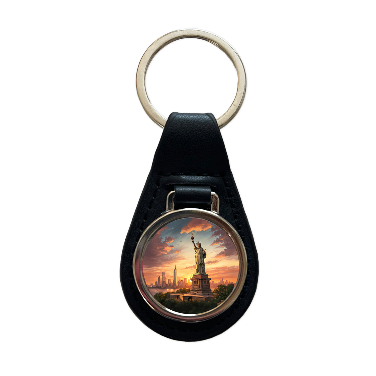 Statue Of Liberty During Sunset New York City Black Leather Metal Keychain
