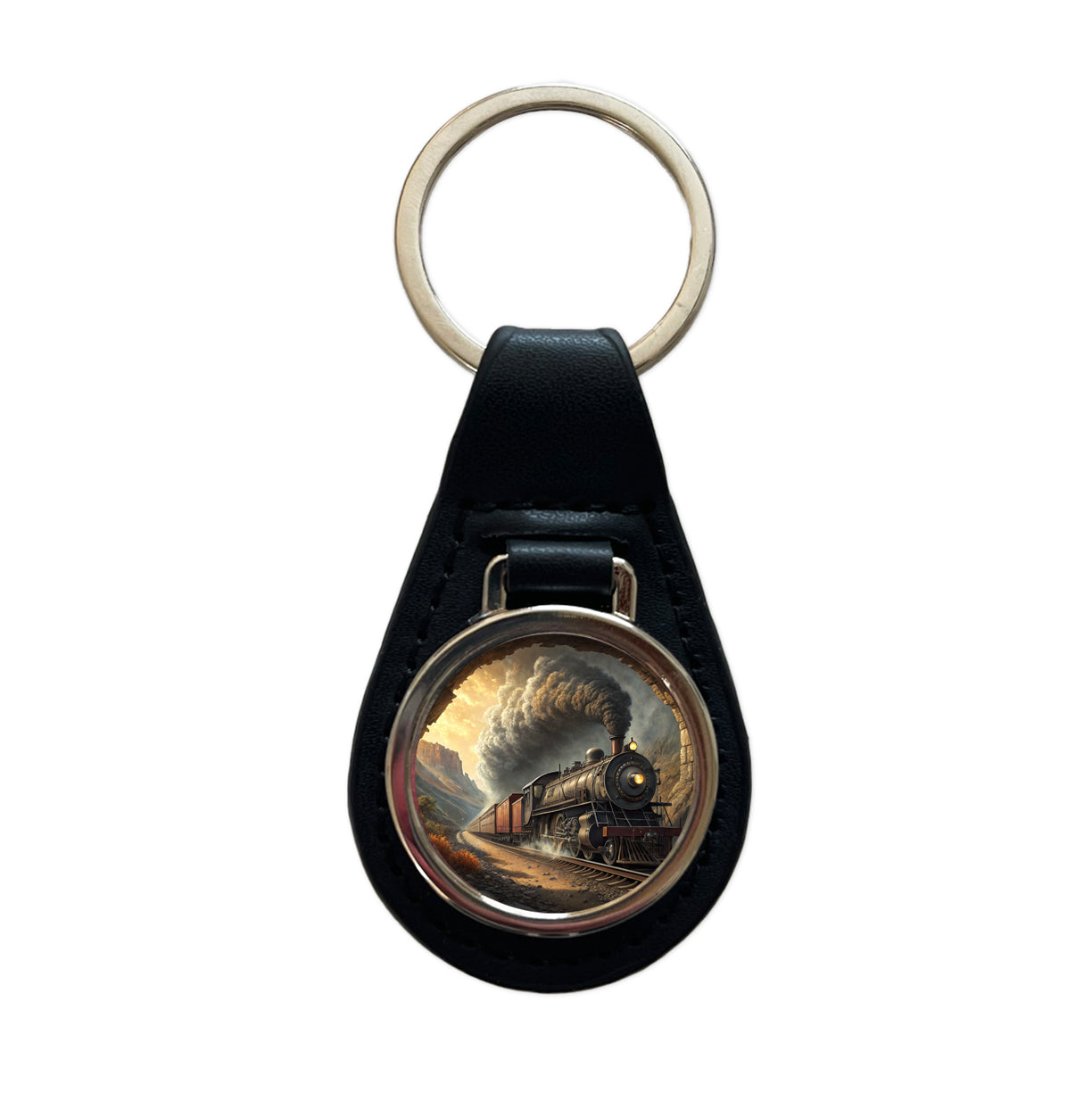 Steam Locomotive Coming Through Tunnel Old West Black Leather Metal Keychain