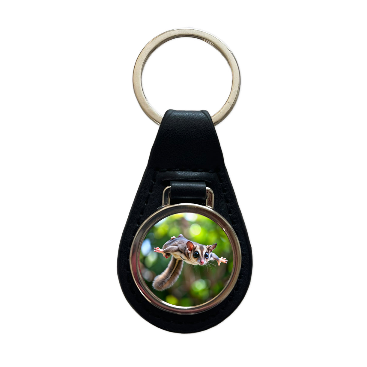 Sugar Glider Flying Gliding Black Leather Metal Keychain
