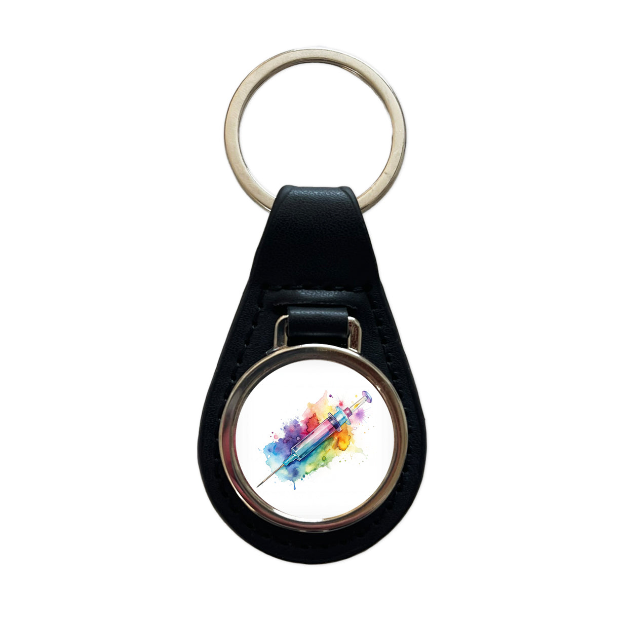 Syringe Shot Medical Vaccine Watercolor Black Leather Metal Keychain