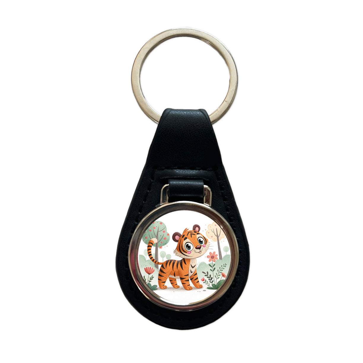Tiger Children's Illustration Style Black Leather Metal Keychain