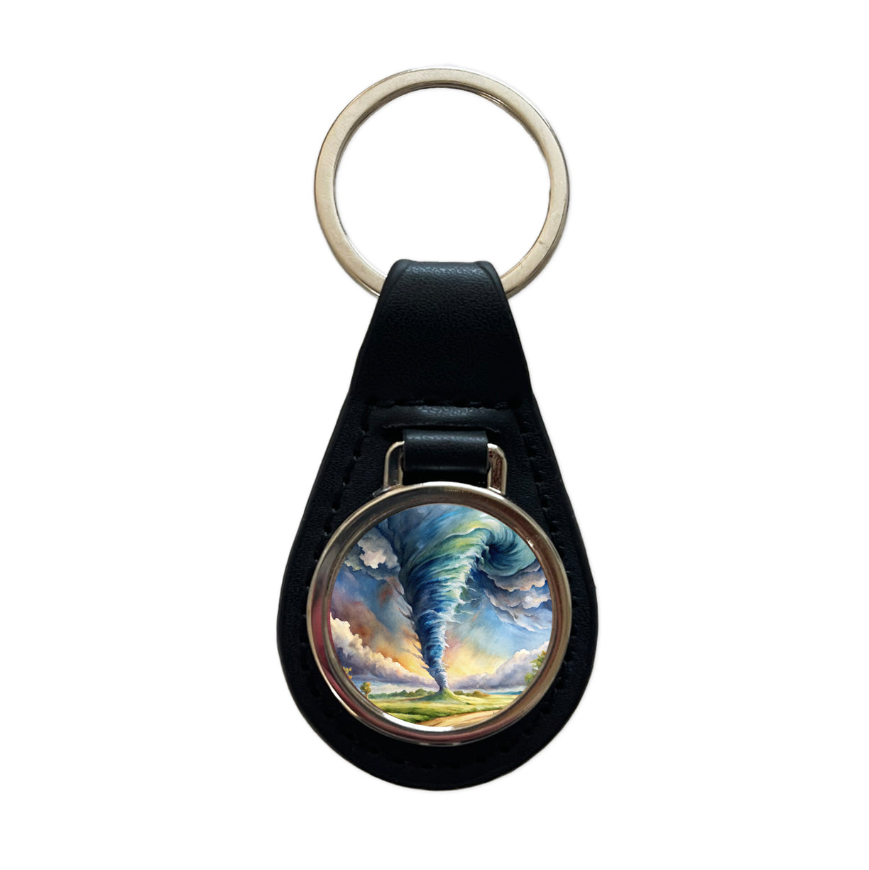 Tornado Twister Watercolor Black Leather Metal Keychain
