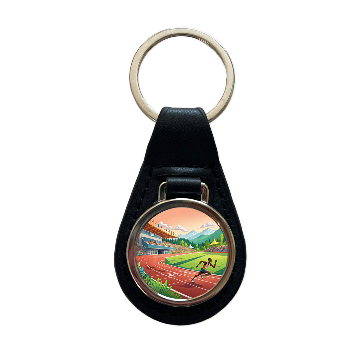 Track And Field Running Race Dash Black Leather Metal Keychain