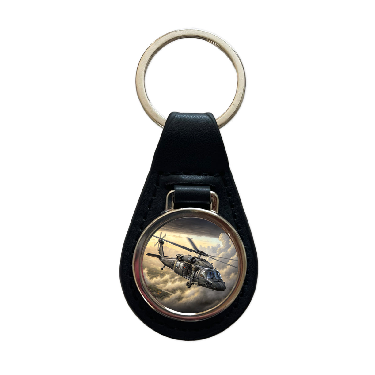 UH-60 Black Hawk US Helicopter Black Leather Metal Keychain