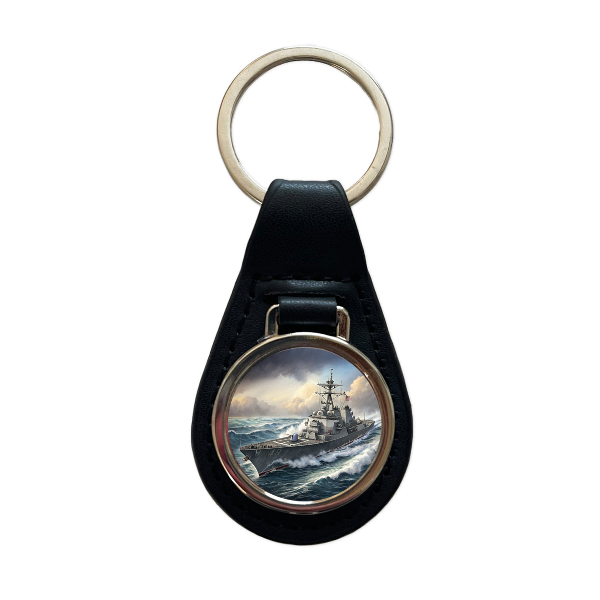 US Navy Destroyer Underway Black Leather Metal Keychain