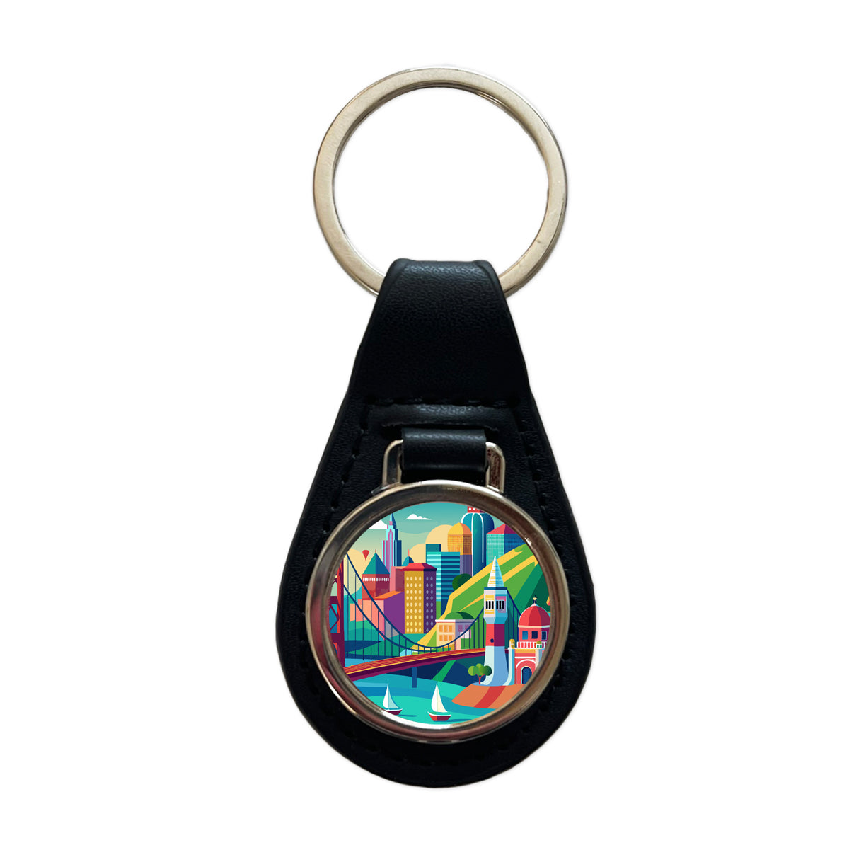 Vibrant Colored San Francisco City California Skyline Landscape Black Leather Metal Keychain