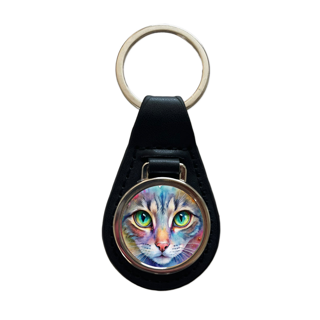 Watercolor Tabby Cat Black Leather Metal Keychain