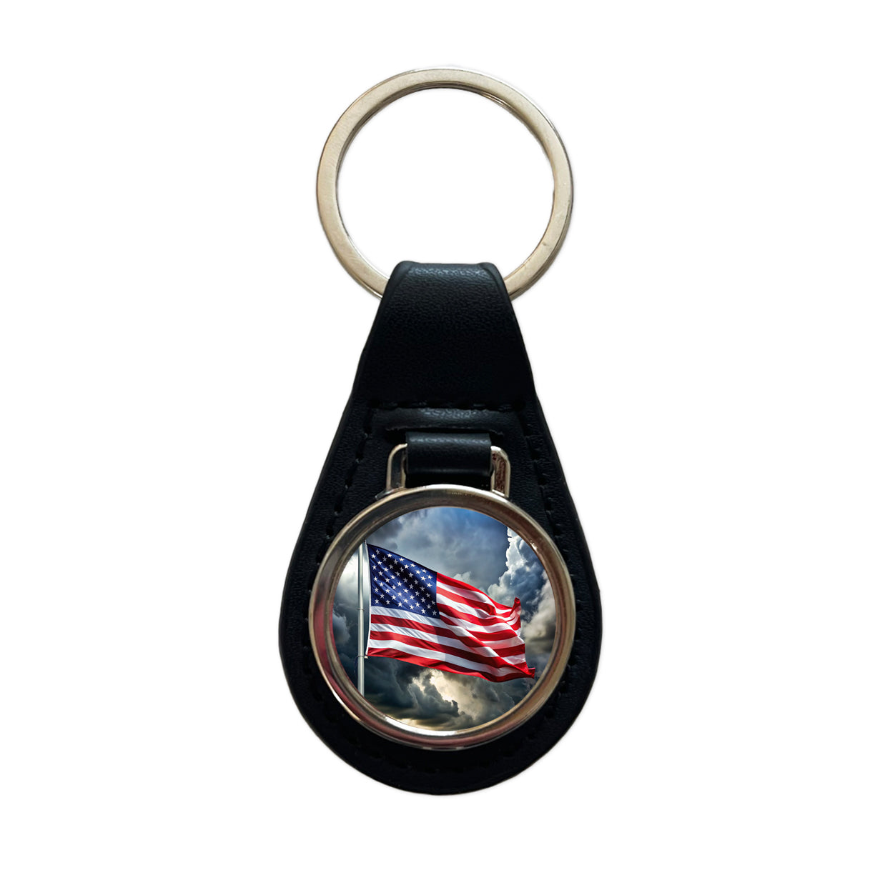 Waving American Flag After Storm Patriotic United States Black Leather Metal Keychain