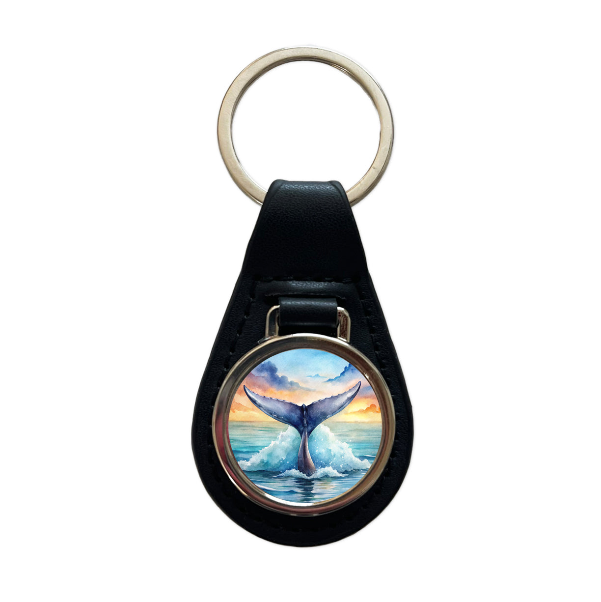 Whale Tail Ocean Watercolor Black Leather Metal Keychain