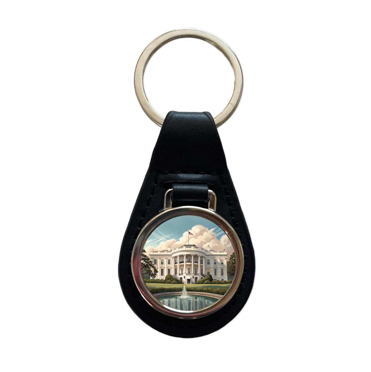White House Washington DC Black Leather Metal Keychain
