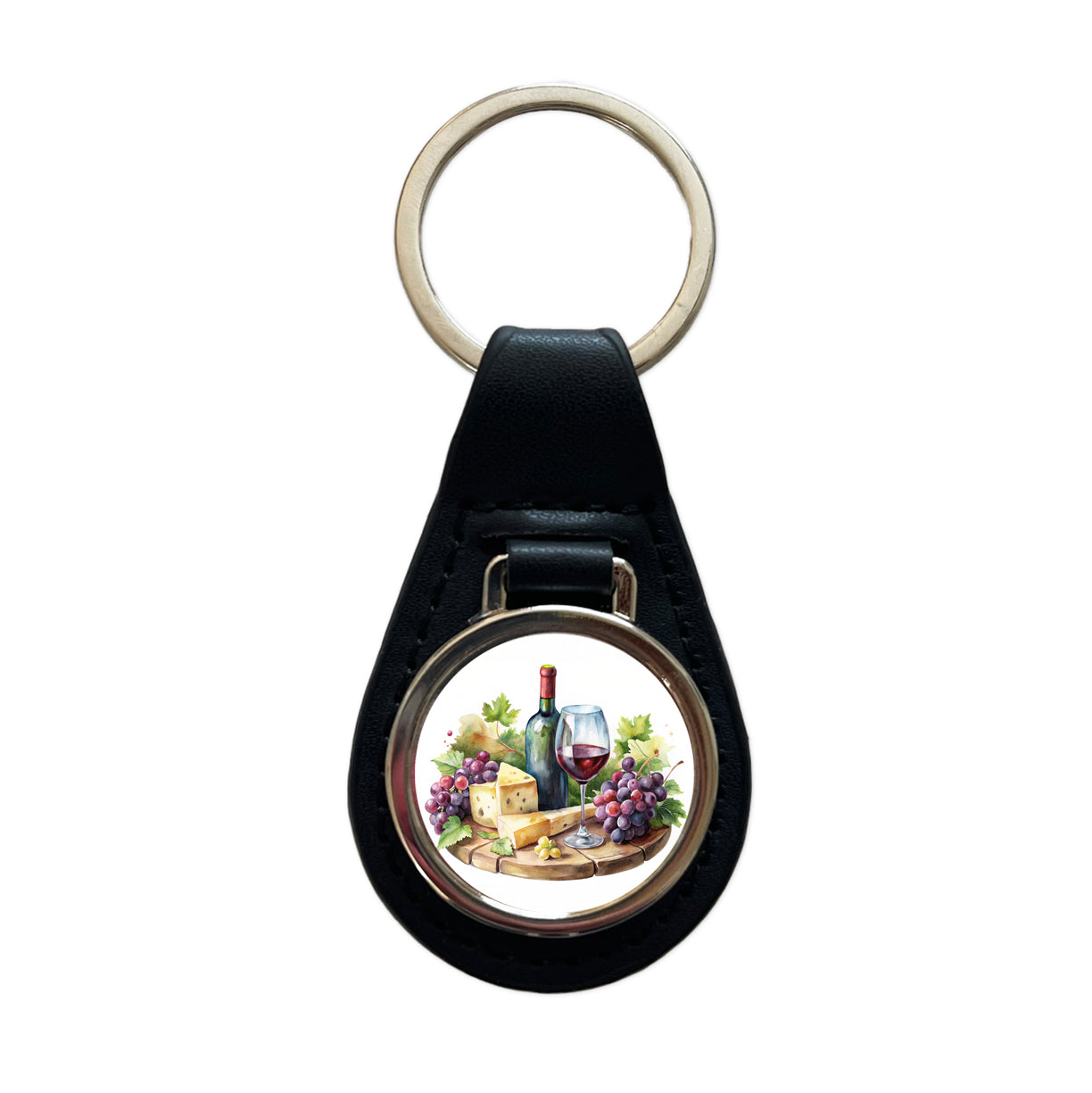 Wine Cheese Grapes on Board Watercolor Black Leather Metal Keychain
