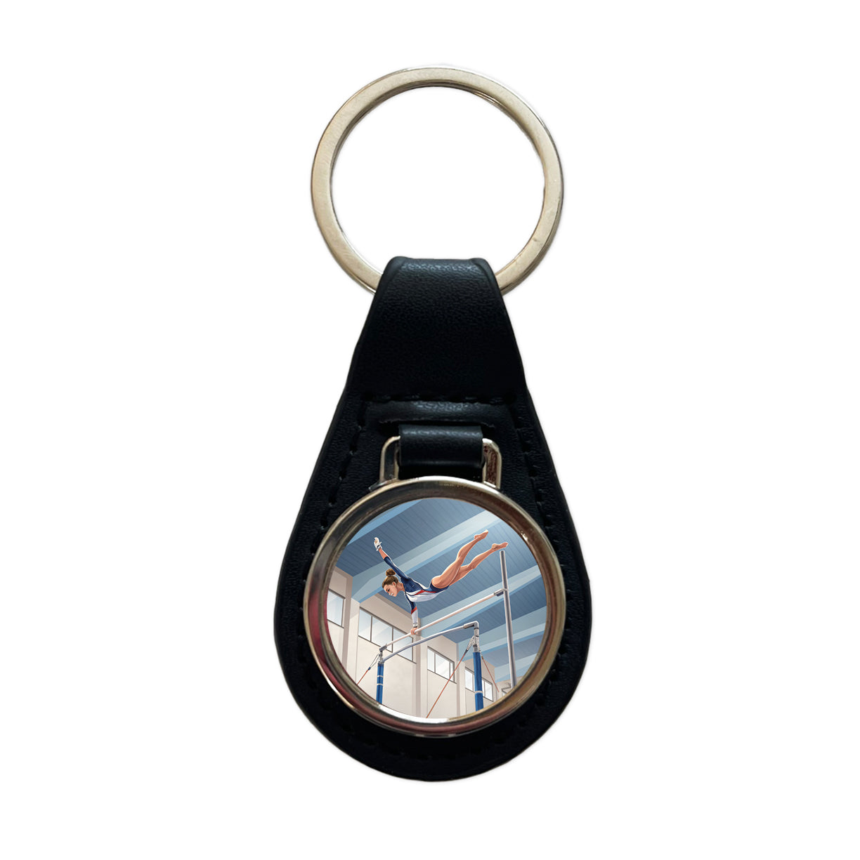 Women's Gymnastics Uneven Bars Black Leather Metal Keychain