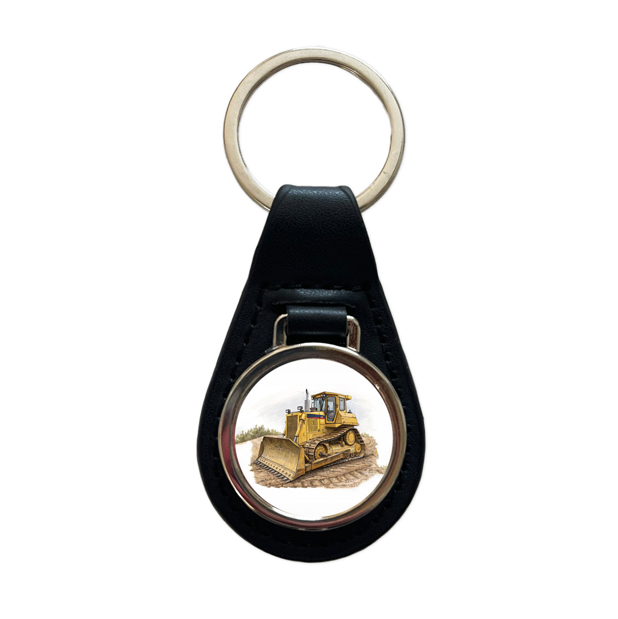 Yellow Bulldozer Construction Equipment Black Leather Metal Keychain