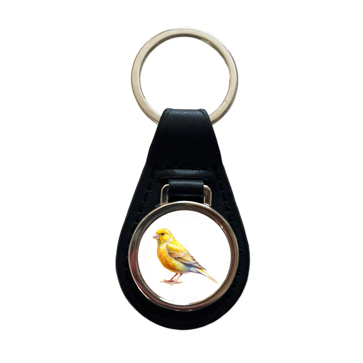 Yellow Canary Bird Watercolor Black Leather Metal Keychain