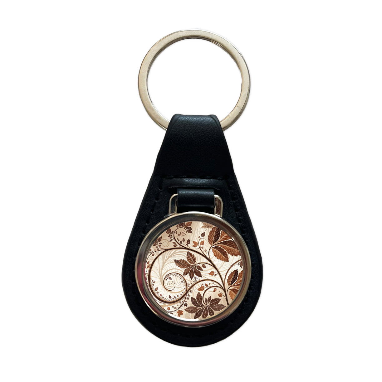 Abstract Brown Leaves Design Black Leather Metal Keychain