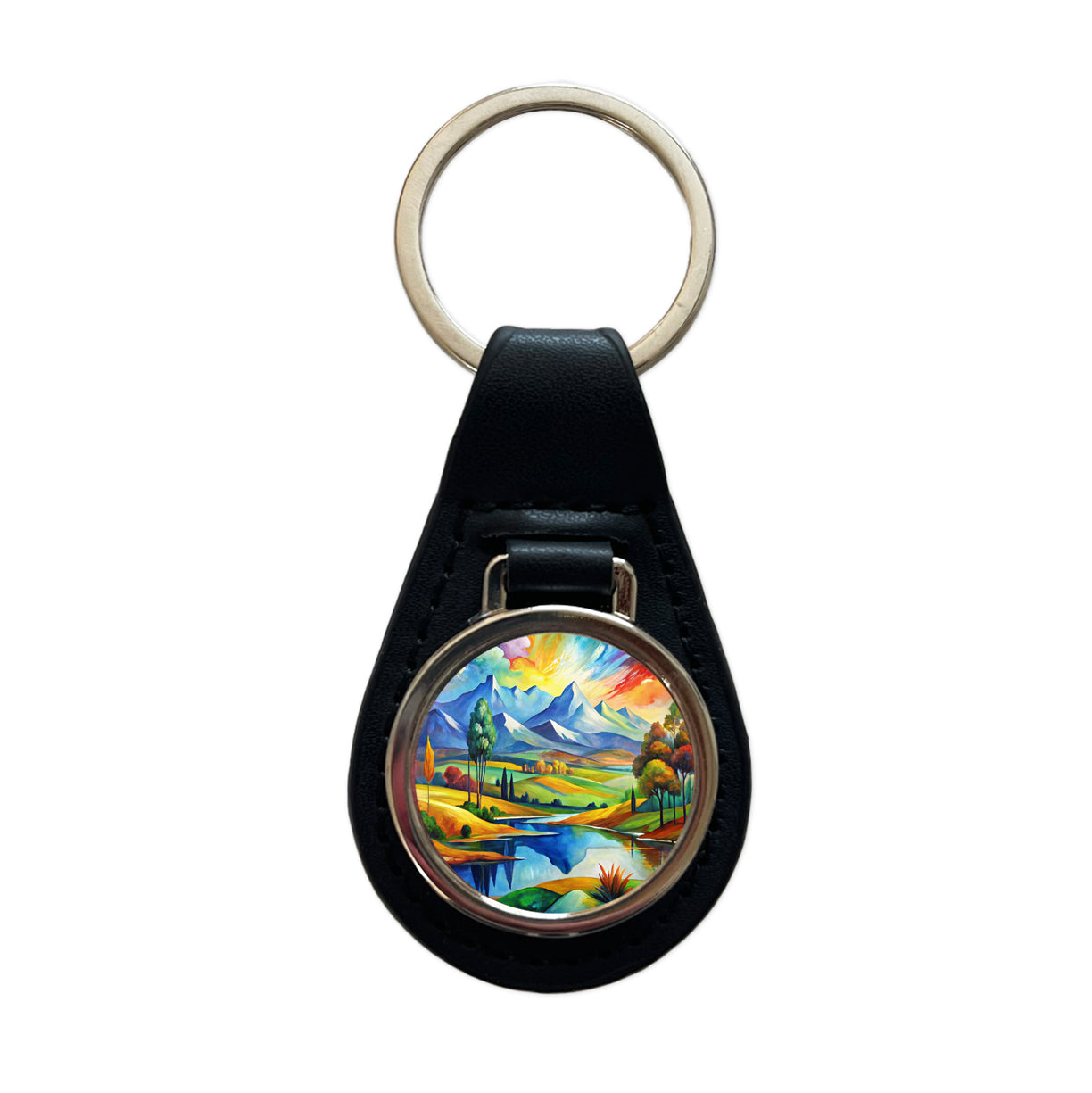 Abstract Colorful Landscape Modern Art Landscape Black Leather Metal Keychain