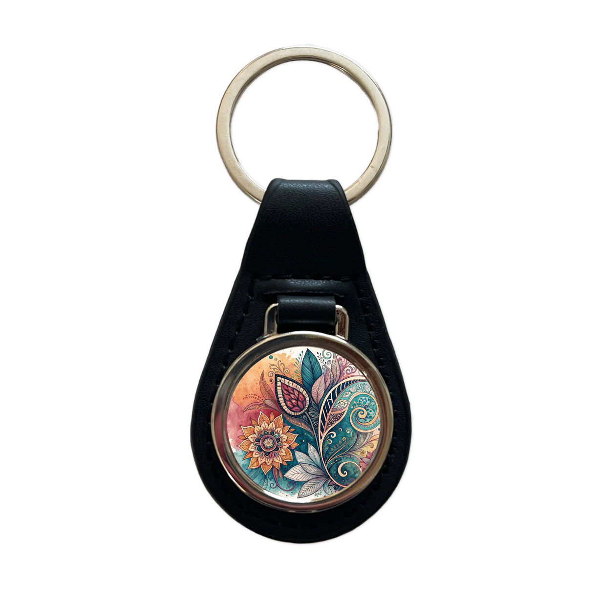 Abstract Deco Floral Leaves Swirl Design Black Leather Metal Keychain