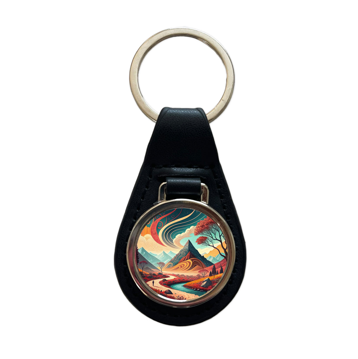 Abstract Modern Art Landscape Black Leather Metal Keychain