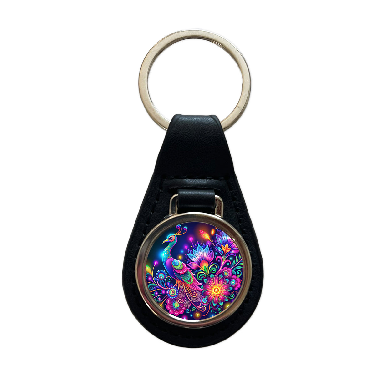 Abstract Neon Peacock Floral Design Black Leather Metal Keychain
