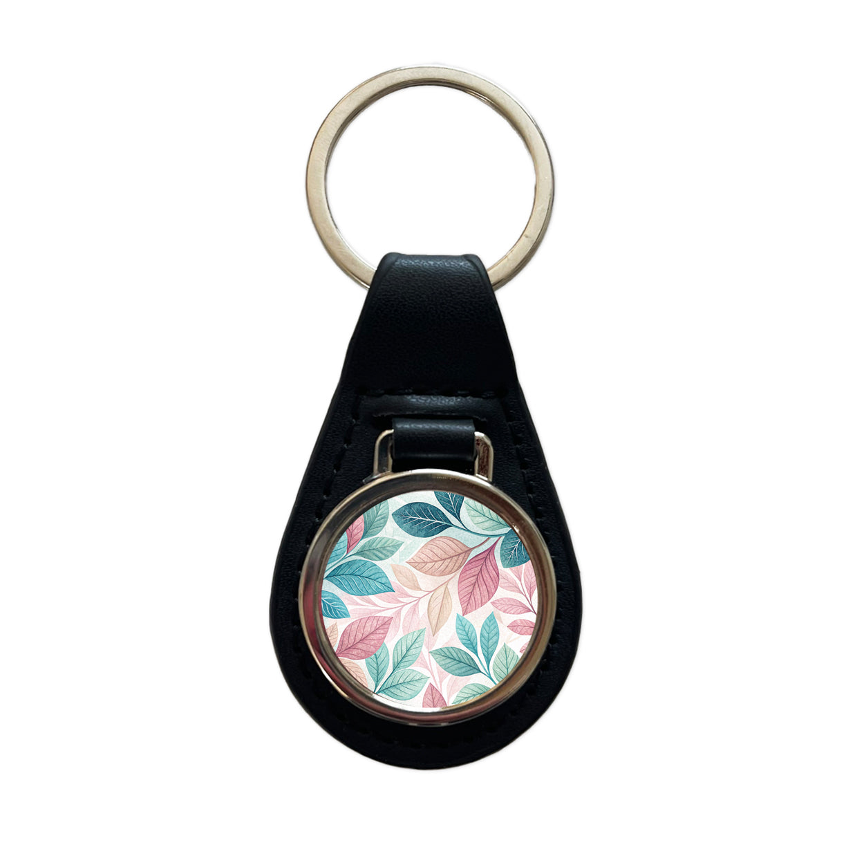 Abstract Pastel Floral Leaves Design Black Leather Metal Keychain