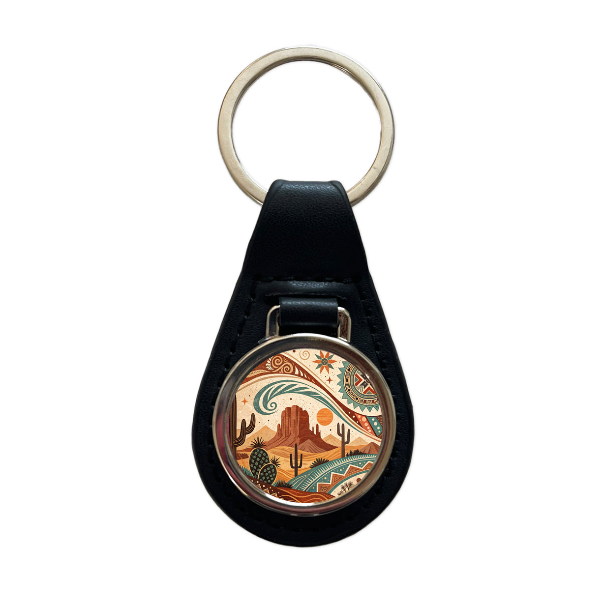 Abstract Southwestern Design Black Leather Metal Keychain
