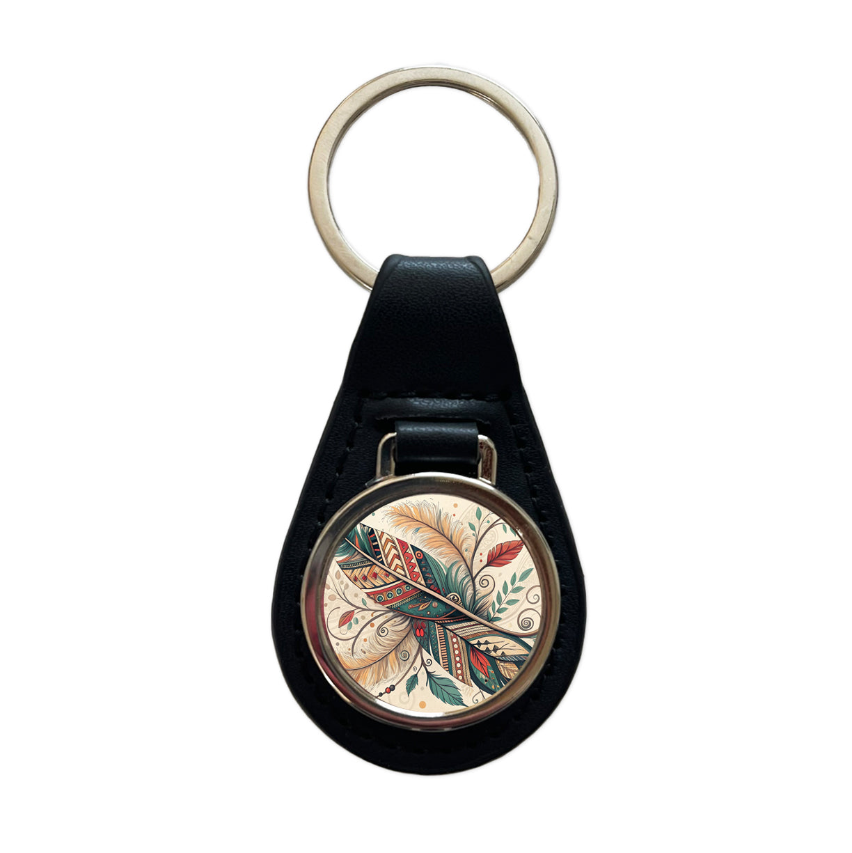 Abstract Southwestern Feather Leaf Design Black Leather Metal Keychain