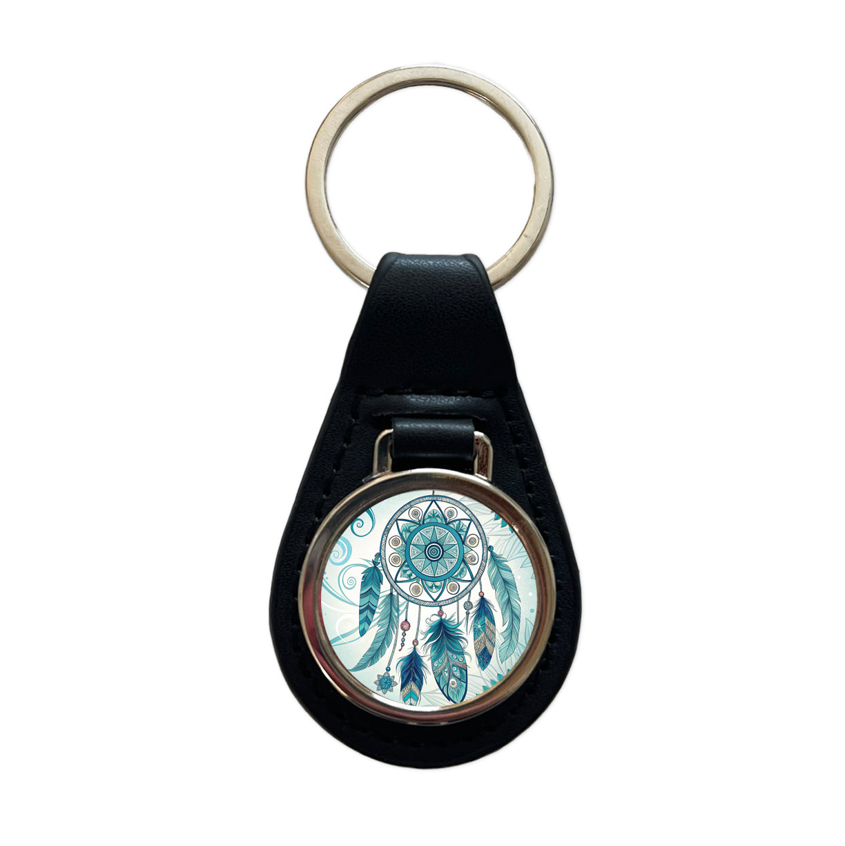 Abstract Teal Blue Dream Catcher Southwestern Design Black Leather Metal Keychain