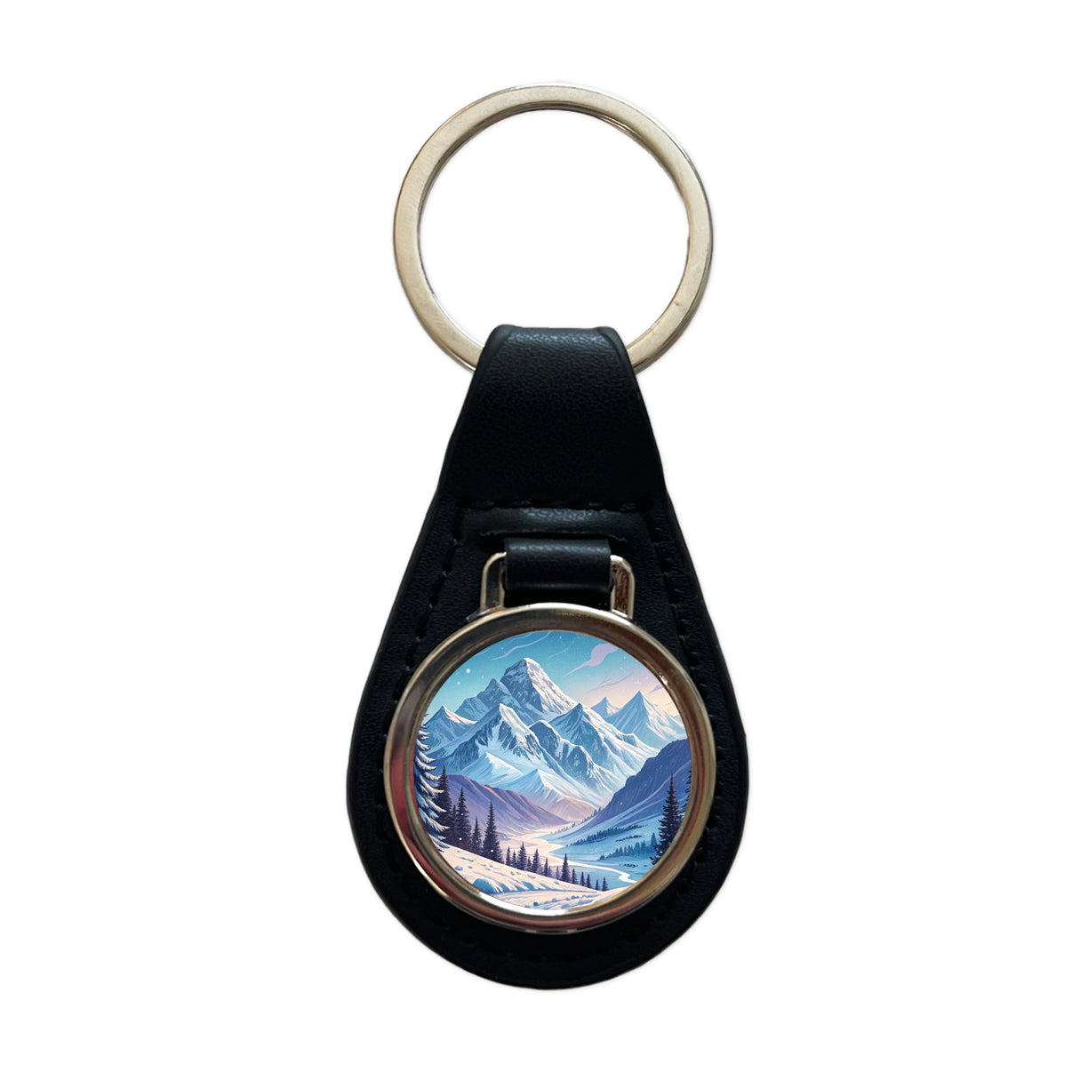 Abstract Winter Blue Purple Mountains Landscape Black Leather Metal Keychain