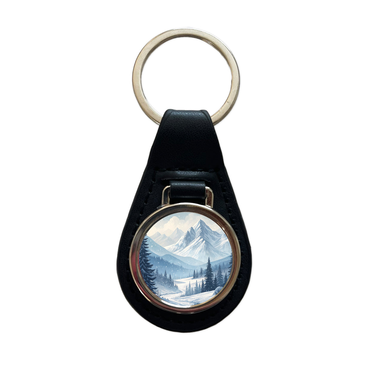 Abstract Winter Mountains Landscape Black Leather Metal Keychain