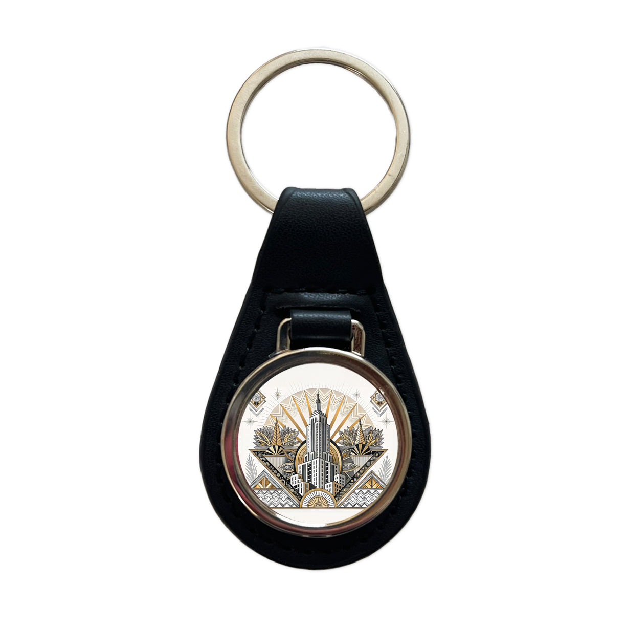 Art Deco Building Architectural Design Black Leather Metal Keychain