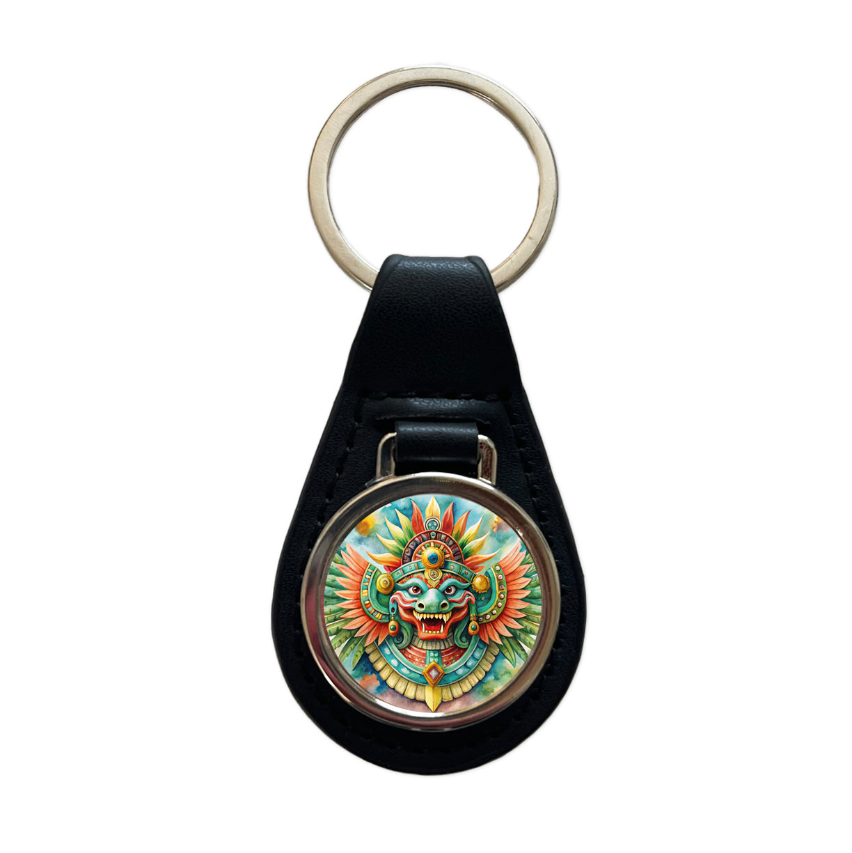Aztec God Quetzalcoatl Watercolor Black Leather Metal Keychain