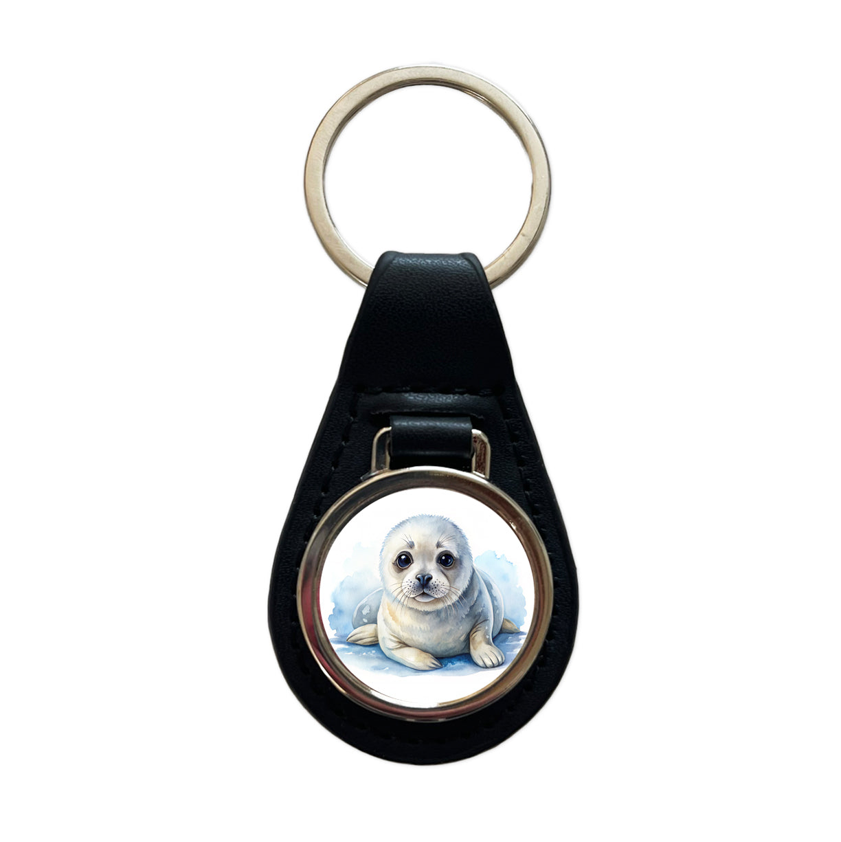 Baby Harp Seal Watercolor Black Leather Metal Keychain