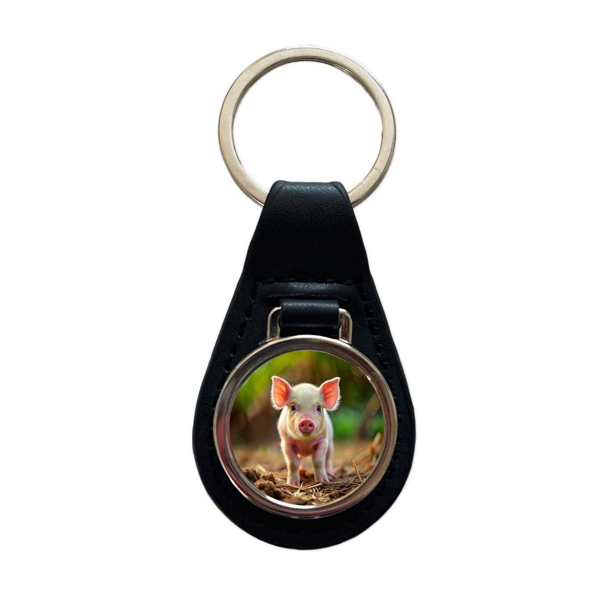 Baby Pig Black Leather Metal Keychain