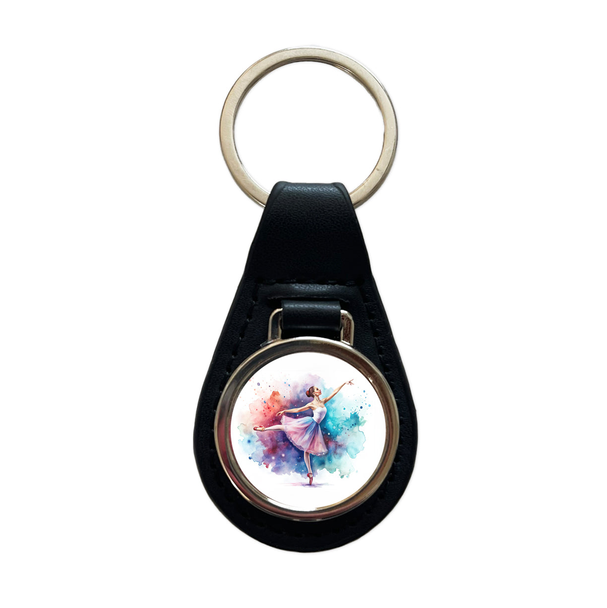Ballet Dancer Watercolor Black Leather Metal Keychain