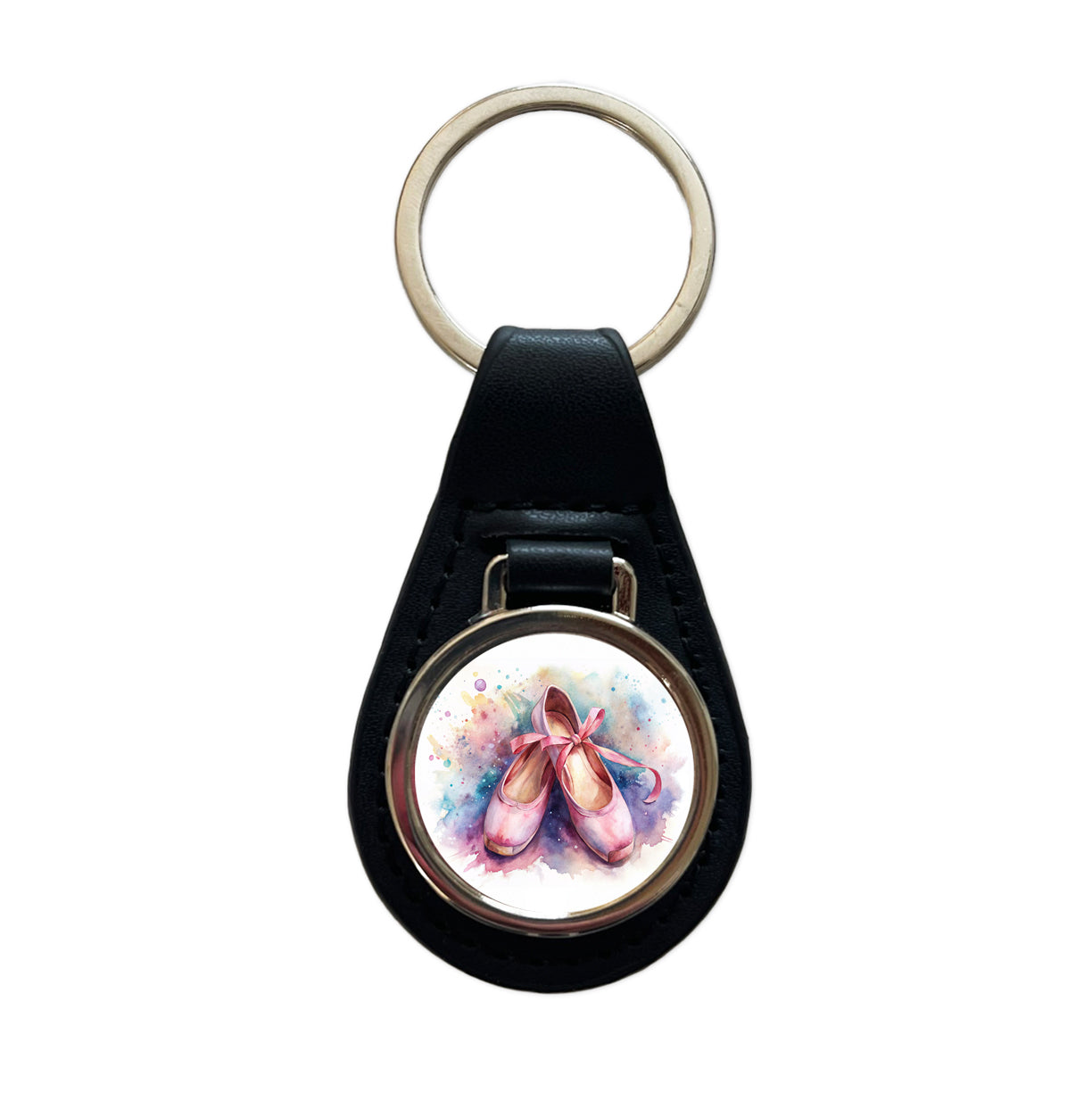 Ballet Slippers Watercolor Black Leather Metal Keychain