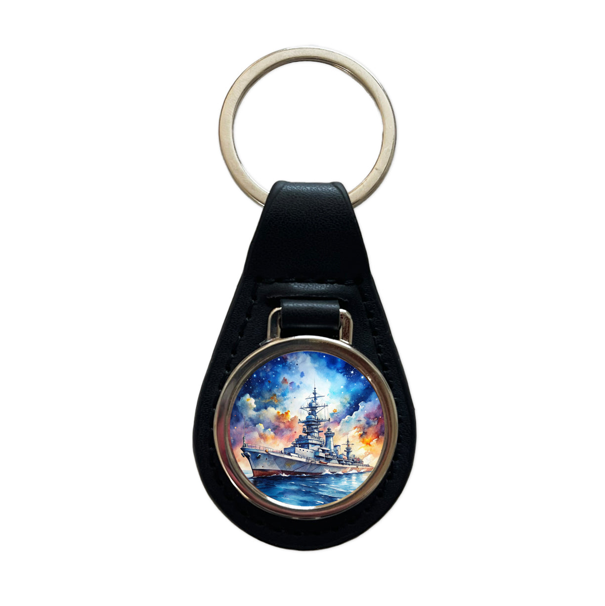 Battleship Under Fantasy Sky Watercolor Black Leather Metal Keychain