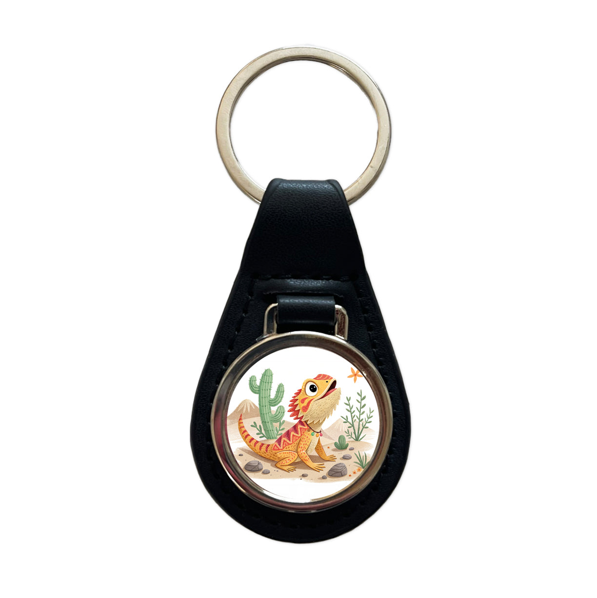 Bearded Dragon Children's Illustration Style Black Leather Metal Keychain