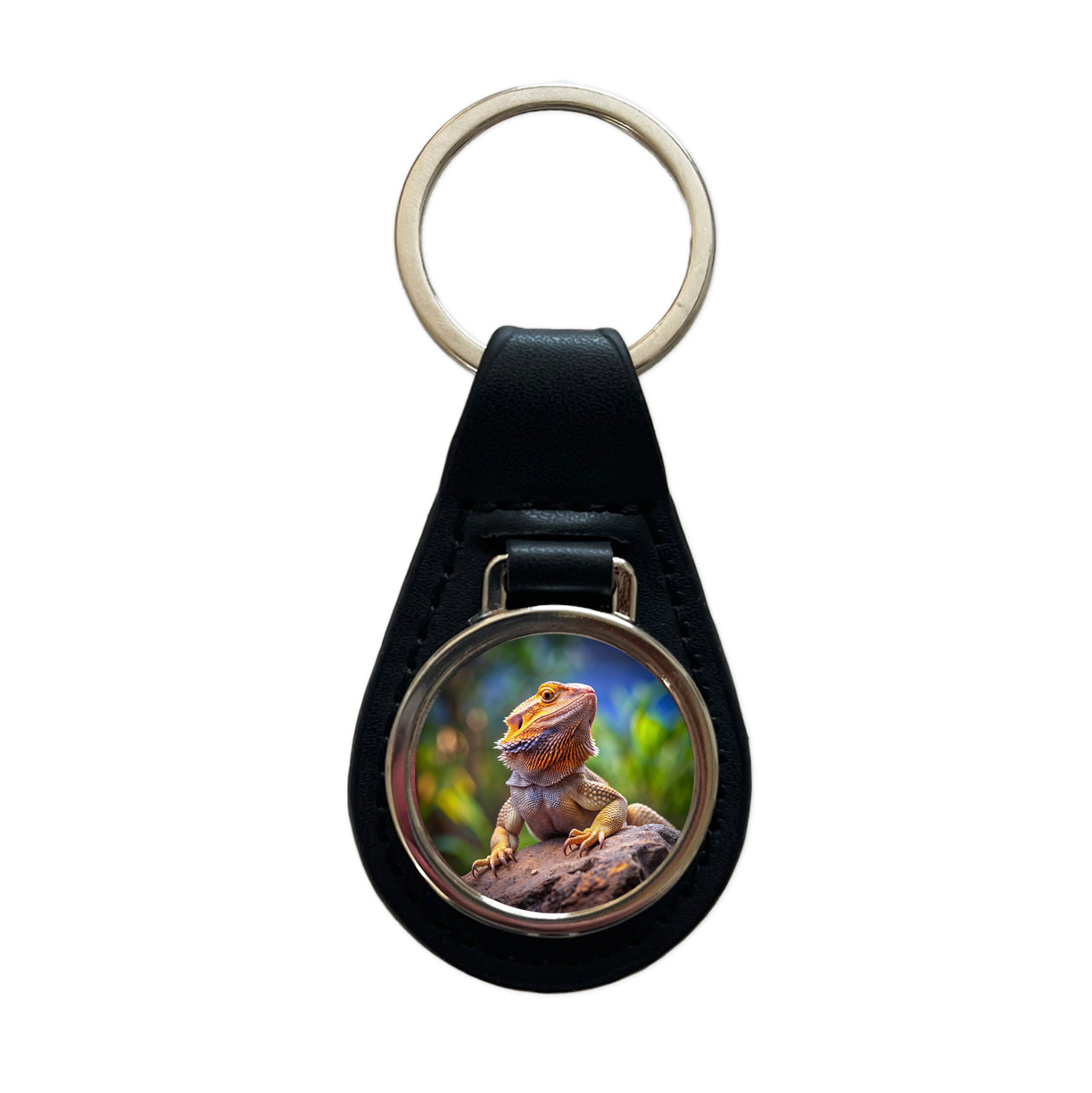 Bearded Dragon Lizard Reptile On Rock Black Leather Metal Keychain