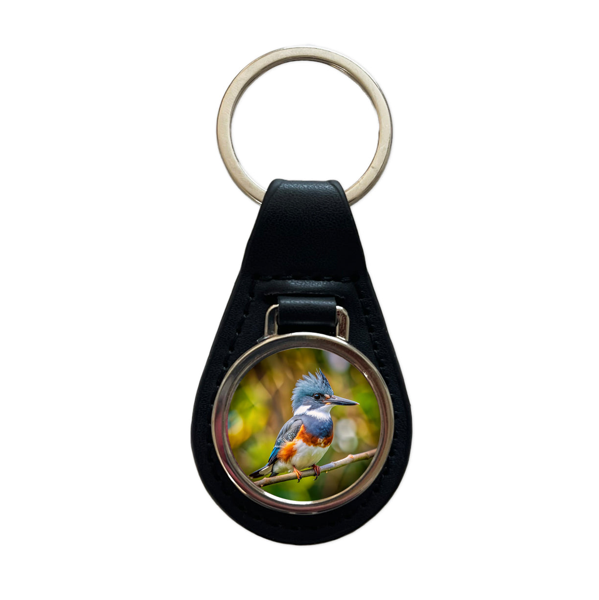 Belted Kingfisher Backyard Bird Black Leather Metal Keychain